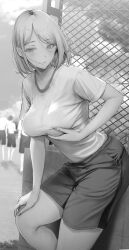 Rule 34 | 1girl, absurdres, blush, breasts, commentary request, gentsuki, greyscale, highres, large breasts, leaning forward, looking at viewer, monochrome, original, outdoors, parted lips, shirt tucked in, short sleeves, shorts, smile, solo focus