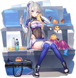Rule 34 | 1girl, :o, armpit crease, armpit cutout, artist request, azur lane, bag, bird, blue thighhighs, bottle, bow, breasts, casablanca (azur lane), casablanca (cheer squad on break) (azur lane), cheerleader, chick, cleavage, cleavage cutout, clothes writing, clothing cutout, covered navel, crop top, duffel bag, hair bow, hands up, highres, holding, knees together feet apart, large breasts, leotard, leotard under clothes, long hair, long sleeves, looking at viewer, manjuu (azur lane), midriff, miniskirt, official alternate costume, official art, parted lips, pleated skirt, pom pom (cheerleading), ponytail, purple eyes, ribbed legwear, shoes, silver hair, sitting, skirt, sneakers, solo, sweat, thighhighs, towel, transparent background, very long hair, water bottle, white skirt, zettai ryouiki