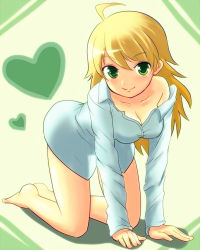 Rule 34 | 00s, 1girl, ahoge, all fours, bad id, bad pixiv id, barefoot, blonde hair, bottomless, breasts, cleavage, female focus, full body, green eyes, heart, hoshii miki, idolmaster, idolmaster (classic), large breasts, long hair, smile, solar kaichuudentou, solo