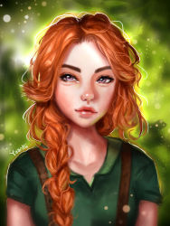 Rule 34 | 1girl, absurdres, arms at sides, artist name, braid, collared shirt, green shirt, highres, leah (stardew valley), lips, looking at viewer, orange hair, purple eyes, shirt, short sleeves, side braid, solo, stardew valley, yanting sun