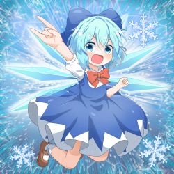 Rule 34 | 1girl, :d, blue background, blue bow, blue dress, blue eyes, blue hair, bow, bowtie, brown footwear, cirno, clenched hand, coruthi, dress, full body, hair bow, highres, ice, ice wings, looking at viewer, m/, open mouth, pinafore dress, red bow, red bowtie, shirt, short hair, short sleeves, sleeveless dress, smile, snowflakes, solo, star (symbol), starry background, touhou, white legwear, white shirt, wings