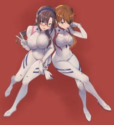 Rule 34 | 2girls, :d, absurdres, blue eyes, bodysuit, breasts, brown hair, closed mouth, commentary request, evangelion: 3.0+1.0 thrice upon a time, eyepatch, full body, glasses, hair ornament, hairband, highres, interface headset, large breasts, locked arms, long hair, looking at viewer, makinami mari illustrious, medium breasts, moshoko (mizuneroku), multicolored bodysuit, multicolored clothes, multiple girls, neon genesis evangelion, open mouth, orange hair, pilot suit, plugsuit, rebuild of evangelion, red-framed eyewear, red background, simple background, skin tight, smile, souryuu asuka langley, standing, twintails, v, white bodysuit