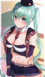 Rule 34 | 1girl, absurdres, arm under breasts, belt, belt buckle, between breasts, black gloves, black hat, blue shorts, blurry, blurry background, blush, breast hold, breasts, brown belt, buckle, cleavage, closed mouth, collar, commentary, depth of field, detached collar, elbow gloves, girls&#039; frontline, gloves, green eyes, green hair, gun, hair between eyes, hat, highres, holding, holding gun, holding weapon, houraku, long hair, looking at viewer, machine pistol, medium breasts, micro uzi (girls&#039; frontline), midriff, name connection, navel, necktie, necktie between breasts, object namesake, red necktie, short shorts, shorts, sidelocks, solo, star (symbol), submachine gun, tie clip, twintails, uzi, very long hair, weapon, white collar