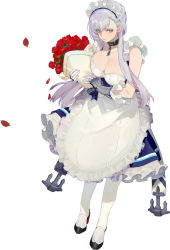 Rule 34 | 1girl, anchor, apron, azur lane, belfast (azur lane), black footwear, blue eyes, bouquet, breasts, chain, cleavage, collar, collarbone, dress, flower, frilled dress, frills, full body, gloves, highres, large breasts, lips, long hair, looking at viewer, maid apron, maid headdress, petals, rose, sidelocks, simple background, smile, solo, symbol-shaped pupils, uyuyuun, white background, white gloves, white legwear