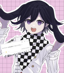 Rule 34 | 1boy, :d, animal ears, black hair, buttons, checkered clothes, checkered scarf, danganronpa (series), danganronpa v3: killing harmony, double-breasted, fake animal ears, fuyu ko, highres, jacket, long sleeves, looking at viewer, male focus, multicolored hair, oma kokichi, open mouth, purple eyes, rabbit ears, scarf, smile, solo, teeth, translation request, two-tone hair, upper body, upper teeth only, white jacket