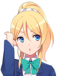 Rule 34 | 10s, 1girl, :o, ayase eli, bibi (love live!), blazer, blonde hair, blue bow, blue bowtie, blue eyes, blue jacket, bow, bowtie, collared shirt, female focus, hair between eyes, hand in own hair, hand up, high ponytail, jacket, long hair, long sleeves, looking to the side, love live!, love live! school idol project, open mouth, ponytail, school uniform, shirt, simple background, solo, ssberit, upper body, white background, white shirt