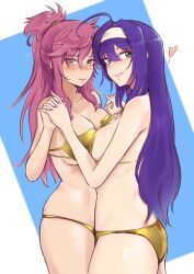 Rule 34 | 2girls, ass, bare arms, bare shoulders, bikini, blush, breast press, breasts, cowboy shot, fire emblem, fire emblem: radiant dawn, fire emblem: the sacred stones, green eyes, hairband, heart, highres, holding hands, large breasts, long hair, looking at viewer, marisa (fire emblem), medium breasts, mia (fire emblem), multiple girls, nail polish, nintendo, pink hair, pink nails, ponytail, purple hair, purple nails, sidelocks, standing, strapless, strapless bikini, swimsuit, symmetrical docking, very long hair, vialnite, white hairband, yellow bikini, yellow eyes