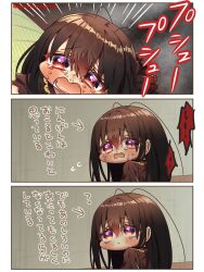 Rule 34 | 1girl, 3koma, ?, antenna hair, arthropod girl, blush, brown dress, brown eyes, brown hair, cockroach girl, comic, commentary request, crying, crying with eyes open, dress, gradient eyes, harumina mau, highres, long hair, lower teeth only, multicolored eyes, original, personification, purple eyes, solo, tears, teeth, translation request, twitter username