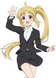 Rule 34 | 1girl, ahoge, alternate costume, arm up, blonde hair, blush, bocchi the rock!, business suit, detached ahoge, formal, highres, ijichi nijika, kanata mako, long hair, looking at viewer, open mouth, outstretched hand, parted bangs, pencil skirt, red eyes, side ponytail, simple background, skirt, solo, suit, white background