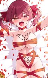 Rule 34 | 1girl, absurdres, blush, breasts, candy, chocolate, chocolate heart, chocolate on body, chocolate on breasts, fang, food, food on body, gluteal fold, heart, highres, hololive, houshou marine, large breasts, lying, naked ribbon, on back, open mouth, outstretched arms, red hair, ribbon, smile, solo, valentine, virtual youtuber, xooku