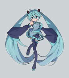 Rule 34 | 1girl, :&lt;, aqua eyes, aqua hair, aqua necktie, bare shoulders, black skirt, black sleeves, black thighhighs, boots, detached sleeves, full body, grey background, grey shirt, hair ornament, hatsune miku, headphones, leg up, long hair, looking at viewer, miniskirt, necktie, pleated skirt, satou asuka, shirt, skirt, sleeveless, sleeveless shirt, sleeves past fingers, sleeves past wrists, solo, standing, standing on one leg, thigh boots, thighhighs, twintails, very long hair, vocaloid, wide sleeves, zettai ryouiki