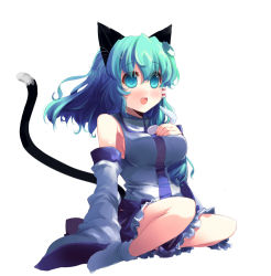 Rule 34 | 1girl, animal ears, bare legs, breasts, cat ears, cat girl, cat tail, detached sleeves, fang, female focus, green eyes, green hair, kemonomimi mode, kochiya sanae, large breasts, matching hair/eyes, open mouth, shin (new), socks, solo, tail, touhou