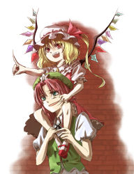 Rule 34 | 2girls, :d, blonde hair, carrying, china dress, chinese clothes, crystal, dress, embodiment of scarlet devil, female focus, flandre scarlet, hat, hong meiling, mob cap, multiple girls, open mouth, pointing, puffy short sleeves, puffy sleeves, red dress, red eyes, red hair, shippori, shishou, short sleeves, shoulder carry, simple background, smile, touhou, vampire, white background