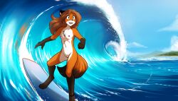 Rule 34 | 1girl, animal ears, beach, blue eyes, brown hair, fox ears, fox girl, fox tail, furry, furry female, highres, laura (twokinds), long hair, nipples, nude, ocean, source request, surfing, tail, third-party edit, tom fischbach, twokinds, water