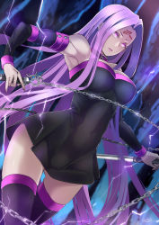 Rule 34 | 1girl, armpits, artist name, breasts, butcha-u, chain, cleavage, collar, commentary request, dress, elbow gloves, electricity, facial mark, fate/stay night, fate (series), fingernails, forehead mark, gloves, highres, large breasts, lips, lipstick, long hair, makeup, medusa (fate), medusa (rider) (fate), no panties, purple eyes, purple hair, purple lips, skirt, solo, stake, strapless, strapless dress, striped clothes, striped thighhighs, thighhighs, very long hair, weapon