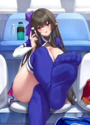 Rule 34 | 1girl, absurdres, black hair, blue thighhighs, bottle, breasts, elomil, feet, highres, large breasts, long hair, looking at viewer, parted lips, pointy ears, red eyes, soles, thighhighs, water bottle