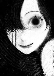 1other absurdres bare_shoulders black_background black_eyes empty_eyes eyelashes from_side hair_over_one_eye high_contrast highres looking_at_viewer monochrome nxhqt original short_hair smile upper_body