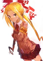 Rule 34 | 1girl, absurdres, armband, blazer, blonde hair, closed mouth, commentary, crossed arms, dutch angle, hagimura suzu, highres, jacket, kaamin (mariarose753), long hair, long sleeves, looking at viewer, miniskirt, safety pin, school uniform, seitokai yakuindomo, simple background, skirt, solo, thighhighs, thighs, translated, twintails, white background, yellow eyes