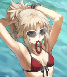 Rule 34 | 1girl, armpits, arms behind head, arms up, bad id, bad twitter id, bare shoulders, bikini, blonde hair, braid, breasts, collarbone, fate/grand order, fate (series), female focus, french braid, green eyes, hair tie in mouth, highres, long hair, looking at viewer, mordred (fate), mordred (fate) (all), mordred (swimsuit rider) (fate), mordred (swimsuit rider) (first ascension) (fate), mouth hold, parted bangs, ponytail, red bikini, red scrunchie, scrunchie, sidelocks, small breasts, smile, solo, sunglasses, swimsuit, tonee, tying hair