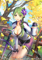 Rule 34 | 1girl, autumn, autumn leaves, bicycle, bike shorts, blush, bottle, breasts, character request, cleavage, copyright name, day, falling leaves, fingerless gloves, flower, gloves, grass, green hair, hair flower, hair ornament, hand on own thigh, holding, holding bottle, jacket, jewelry, large breasts, leaf, leaf hair ornament, leaning forward, looking at viewer, mole, mole under eye, necklace, official art, open mouth, outdoors, parted bangs, partially unzipped, pointy ears, ponytail, railing, ronce, skin tight, smile, solo, sweat, tree, water bottle, yellow eyes, z/x