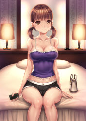 Rule 34 | 1girl, bag, bare shoulders, blush, breasts, brown eyes, brown hair, cameltoe, cellphone, cleavage, collarbone, covered erect nipples, fingernails, handbag, highres, large breasts, low twintails, midriff, on bed, original, phone, shiny skin, shirt, short hair, short shorts, shorts, sitting, smile, solo, tank top, taut clothes, taut shirt, thigh gap, thighs, twintails, youbou