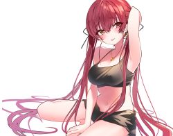 Rule 34 | 1girl, armpits, blush, breasts, cleavage, commentary request, hair ribbon, heterochromia, highres, hololive, houshou marine, jewelry, large breasts, long hair, looking at viewer, navel, necklace, presenting armpit, red eyes, red hair, red ribbon, ribbon, smile, solo, tongue, tongue out, twintails, very long hair, virtual youtuber, yellow eyes, yoshioka pochi