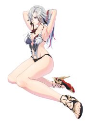 Rule 34 | 1girl, adapted costume, arlecchino (genshin impact), armpits, arms behind head, arms up, bare legs, bare shoulders, bikini, black hair, breasts, collarbone, commentary request, genshin impact, grey hair, hair tie in mouth, high heel sandals, high heels, highres, medium breasts, mouth hold, multicolored hair, navel, sandals, simple background, solo, streaked hair, swimsuit, thighs, wagashi425, white background