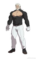 Rule 34 | 1boy, bara, bare pectorals, breast cutout, check copyright, copyright request, frown, full body, gloves, highres, konohanaya, large pectorals, long hair, looking ahead, low ponytail, male focus, mature male, muscular, muscular male, nipples, old, old man, original, pants, pectorals, shirt, solo, standing, strongman waist, tachi-e, thick eyebrows, tight clothes, tight shirt, white background, white hair