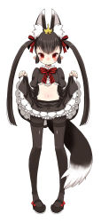 Rule 34 | 1girl, animal ears, black hair, black pantyhose, blush, clothes lift, crown, extra ears, fingernails, fox ears, fox tail, full body, highres, long hair, long image, maitou, mary janes, midriff, navel, original, panties, panties under pantyhose, pantyhose, pigeon-toed, pointy ears, red eyes, shoes, simple background, skirt, skirt lift, solo, tail, tall image, thigh gap, thighband pantyhose, twintails, underwear, upskirt, white background