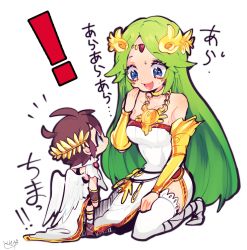 Rule 34 | 1boy, 1girl, age difference, aged down, bad id, bad twitter id, bare shoulders, blue eyes, blush, breasts, brown hair, child, green eyes, green hair, height difference, jewelry, kid icarus, kid icarus uprising, large breasts, long hair, necklace, nintendo, onee-shota, open mouth, palutena, pit (kid icarus), repikinoko, size difference, smile, thighhighs, tiara, very long hair, wings