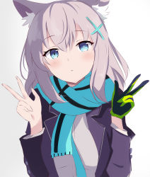 Rule 34 | 1girl, animal ears, black jacket, blue archive, blue eyes, blue scarf, cat ears, closed mouth, double v, grey hair, hair ornament, highres, jacket, long hair, long sleeves, looking at viewer, raifu (rf), scarf, school uniform, shiroko (blue archive), simple background, solo, v, white background