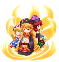 Rule 34 | 3girls, american flag dress, american flag legwear, black dress, black shirt, blonde hair, blush, chain, chinese clothes, closed eyes, clothes writing, clownpiece, dress, earth (ornament), floating, flower, fox tail, glowing, glowing flower, gold chain, half-closed eyes, happy, hat, hecatia lapislazuli, jester cap, junko (touhou), legs, levitation, long hair, long sleeves, looking at another, looking down, looking to the side, moon (ornament), multicolored clothes, multicolored skirt, multiple girls, nitamago, obi, off-shoulder shirt, off shoulder, pantyhose, red eyes, red hair, ribbon, sash, seiza, shirt, short sleeves, simple background, sitting, skirt, smile, tabard, tail, tearing up, touhou, very long hair, white background, wide sleeves