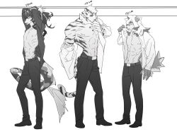 Rule 34 | 3boys, abs, animal ears, arknights, bara, bare pectorals, collared shirt, dog boy, fins, fish boy, fish tail, furry, furry male, greyscale, height difference, highres, horns, hung (arknights), ju neng binggui, lee (arknights), looking at another, male focus, monochrome, mountain (arknights), multicolored hair, multiple boys, muscular, muscular male, navel, nipples, pants, pectorals, scar, scar across eye, scar on face, shirt, shoes, short hair, skinny, stomach, streaked hair, tail, tiger boy, tiger ears, toned, toned male, tying hair, undressing, white fur, white hair