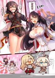 Rule 34 | 4girls, ahoge, arms behind back, azur lane, bdsm, black hair, blonde hair, blush, bondage, bound, bound arms, bound legs, breast bondage, breasts, brown hair, buttons, censored, cleavage, cleavage cutout, closed mouth, clothing cutout, comic, commentary request, epaulettes, flower, gloves, hair between eyes, hair flower, hair ornament, hiei (azur lane), hm (hmongt), horns, large breasts, long hair, long sleeves, mikasa (azur lane), military, military uniform, mosaic censoring, multiple girls, nevada (azur lane), oklahoma (azur lane), open mouth, red flower, red rose, restrained, rope, rose, shibari, skirt, smile, speech bubble, tears, translation request, uniform, white gloves, wide sleeves, yellow eyes