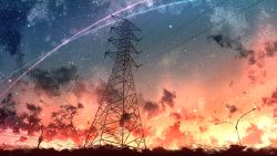 Rule 34 | cable, cloud, cloudy sky, commentary request, electricity, from below, highres, night, no humans, original, outdoors, overhead line, power lines, rune xiao, scenery, shooting star, sky, star (sky), starry sky, traffic light, transmission tower, utility pole