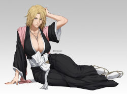 Rule 34 | 1girl, bleach, bleach: sennen kessen-hen, blonde hair, blue eyes, breasts, breikka, chain, chain necklace, female focus, full body, huge breasts, japanese clothes, jewelry, kimono, looking at viewer, matsumoto rangiku, mole, mole under mouth, necklace, pink scarf, scarf, simple background, solo