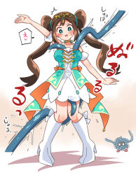 Rule 34 | 1girl, arm up, armlet, blush, boots, bright pupils, brown hair, choker, collarbone, commentary request, creatures (company), double bun, dress, full body, game freak, gen 1 pokemon, green eyes, hair bun, high heel boots, high heels, knee boots, knees, long hair, looking down, nintendo, official alternate costume, open mouth, pigeon-toed, pokemon, pokemon (creature), pokemon masters ex, rosa (champion) (pokemon), rosa (pokemon), soumendaze, standing, strapless, strapless dress, sweatdrop, tangela, tentacles, tentacles under clothes, tiara, tiptoes, twintails, white dress, white footwear, white pupils