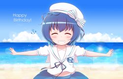 Rule 34 | 1girl, ^ ^, anchor, anchor symbol, beret, blue ribbon, blue skirt, blue sky, blush, bow, closed eyes, cloud, collarbone, commentary request, day, facing viewer, gochuumon wa usagi desu ka?, goth risuto, grin, happy birthday, hat, hat bow, highres, horizon, jouga maya, neck ribbon, ocean, outdoors, outstretched arms, pleated skirt, puffy short sleeves, puffy sleeves, ribbon, sailor collar, school uniform, serafuku, shirt, short sleeves, skirt, sky, smile, solo, spread arms, striped, striped bow, v-shaped eyebrows, water, white hat, white sailor collar, white shirt