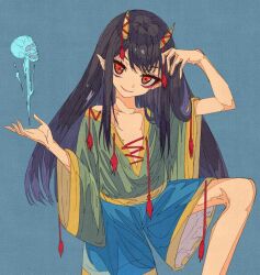 Rule 34 | 1girl, black hair, blue background, blue shorts, cel shading, closed mouth, commentary request, echu 8742, feet out of frame, flat chest, green shirt, horns, long hair, long sleeves, looking at viewer, nippaku zanmu, plunging neckline, pointy ears, red eyes, shirt, shorts, sidelocks, simple background, skull, smile, solo, tassel, touhou, wide sleeves, yellow horns