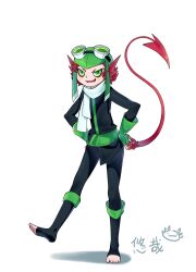 Rule 34 | 1girl, ben 10, character request, chinese commentary, colored skin, demon tail, fingerless gloves, freckles, gloves, goggles, goggles on headwear, gradient skin, green-tinted eyewear, green eyes, green gloves, green headwear, hands on own hips, highres, leg up, multicolored skin, open mouth, red hair, red skin, red tail, scarf, shadow, sharp teeth, short hair, simple background, smile, solo, standing, tail, tail raised, teeth, tinted eyewear, toeless legwear, two-tone skin, white background, white scarf, youzaiyouzai112