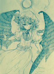 Rule 34 | 1girl, ascot, bat wings, bow, brooch, closed mouth, efukei, hair between eyes, hat, hat bow, highres, jewelry, looking at viewer, mob cap, monochrome, remilia scarlet, short hair, short sleeves, skirt, skirt set, smile, solo, spear the gungnir, touhou, traditional media, tsurime, wings