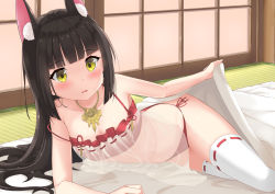 Rule 34 | 1girl, animal ear fluff, animal ears, azur lane, bare arms, bare shoulders, black hair, blanket, blush, bra, commentary request, fox ears, highres, indoors, long hair, looking at viewer, lying, nagato (azur lane), nagato (great fox&#039;s respite) (azur lane), nekomushi, on side, panties, parted lips, red bra, red panties, ribbon-trimmed legwear, ribbon trim, see-through, side-tie panties, solo, tatami, thighhighs, underwear, underwear only, very long hair, white thighhighs, yellow eyes