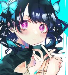 Rule 34 | 1girl, atto silia, black hair, commentary request, fukumaru koito, gesture, hair ribbon, idolmaster, idolmaster shiny colors, looking at viewer, medium hair, portrait, purple eyes, ribbon, solo, swept bangs, turtleneck, twintails, upper body