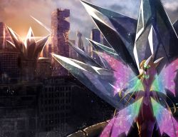 Rule 34 | 1girl, blonde hair, building, cityscape, closed eyes, cloud, cloudy sky, commentary request, crystal, dress, excella (delltothu), gradient wings, headgear, long hair, multicolored wings, open mouth, original, outdoors, rainbow gradient, red dress, red thighhighs, ruins, short dress, sky, skyscraper, solo, standing, sunset, thighhighs, tower, transparent wings, very long hair, wings