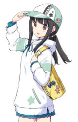 Rule 34 | 1girl, arm up, backpack, badge, bag, baseball cap, black hair, blush, brown eyes, button badge, chijou noko, chikanoko, commentary request, cowboy shot, green hat, hand on headwear, hat, highres, hood, hood down, hoodie, long hair, long sleeves, looking at viewer, low twintails, open mouth, ragho no erika, sidelocks, simple background, solo, standing, twintails, white background, white hoodie