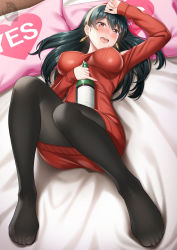 Rule 34 | 1girl, bare shoulders, black hair, black pantyhose, blush, breasts, highres, large breasts, long hair, long sleeves, looking at viewer, open mouth, pantyhose, red eyes, sidelocks, smile, solo, spy x family, yor briar, zaregoto tsukai no deshi