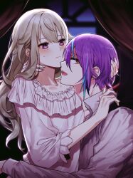 Rule 34 | 1boy, 1girl, ap5ry, blue hair, blush, closed mouth, curtains, frilled shirt, frills, green hair, hetero, highres, kamishiro rui, kusanagi nene, long hair, long sleeves, looking at viewer, looking to the side, multicolored hair, open mouth, project sekai, puffy long sleeves, puffy sleeves, purple eyes, purple hair, shirt, streaked hair, sweat, two-tone hair, white shirt, window, yellow eyes