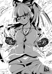 Rule 34 | blunt bangs, blush, breasts, burning, cleavage, clenched hands, covered erect nipples, dress shirt, fire, fujiwara no mokou, greyscale, groin, highres, himajin noizu, large breasts, long hair, monochrome, one eye closed, panties, panty pull, ponytail, shirt, skindentation, solo, suspenders, sweat, touhou, underwear, white background