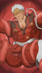 Rule 34 | 1boy, ass, bara, blush, bodysuit, boku no hero academia, bound, bound arms, bound legs, bulge, cleavage cutout, clothing cutout, covered abs, cross scar, fangs, flaccid, highres, kulolin, large pectorals, male focus, muscular, muscular male, nipples, paid reward available, pectoral cleavage, pectorals, red bodysuit, paid reward available, scar, short hair, solo, spread legs, tentacles, tentacles on male, thick thighs, thighs, torn bodysuit, torn clothes, vlad king (boku no hero academia), white hair