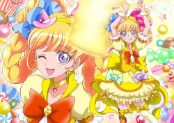 Rule 34 | 2girls, ;d, ;q, asahina mirai, blonde hair, bow, braid, brooch, candy, candy hair ornament, choker, clone, cure miracle, cure miracle (topaz style), dual persona, food, food-themed hair ornament, frills, hair ornament, hairband, hammer, hanzou, hat, jewelry, looking at viewer, magical girl, mahou girls precure!, mini hat, mini witch hat, multiple girls, one eye closed, open mouth, orange bow, pink hat, precure, puffy sleeves, purple eyes, red bow, short hair, skirt, smile, star (symbol), thigh strap, thighhighs, tongue, tongue out, topaz style, witch hat, wrist cuffs, yellow bow, yellow legwear, yellow skirt